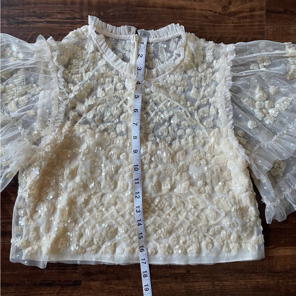 NEEDLE & THREAD Aurelia Sequin Embellished Top Natural Cream Ruffle Sheer Blouse - Picture 9 of 15